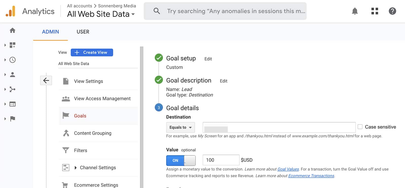 Google Analytics Universal goals