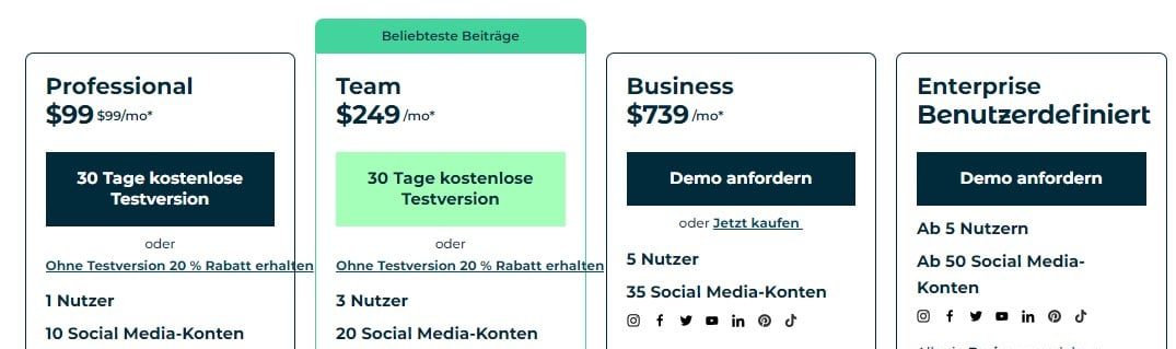 Hootsuite-Preisseite