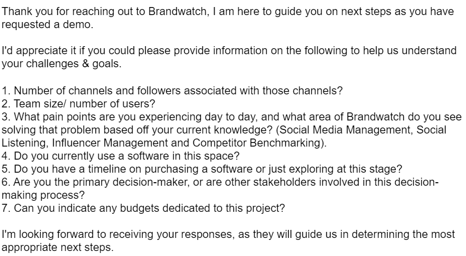 Für eine Demo-Anfrage erfragt Brandwatch viele Informationen im Vorfeld, die weit über eine einfache Angabe zu Ihrer Person und Ihrem Unternehmen hinausgehen.