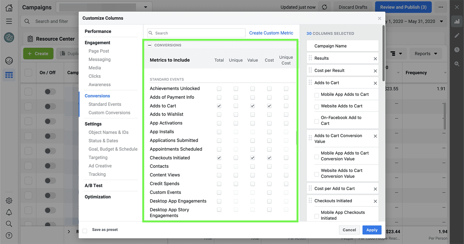 Facebook Ads conversion options