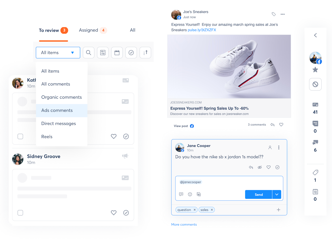 product screens showing how to manage ad comments with ease